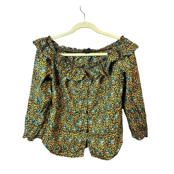 J. Crew green Ratti Elephant Animal Print Ruffle Off-Shoulder Top womens size 10 - Picture 1 of 6